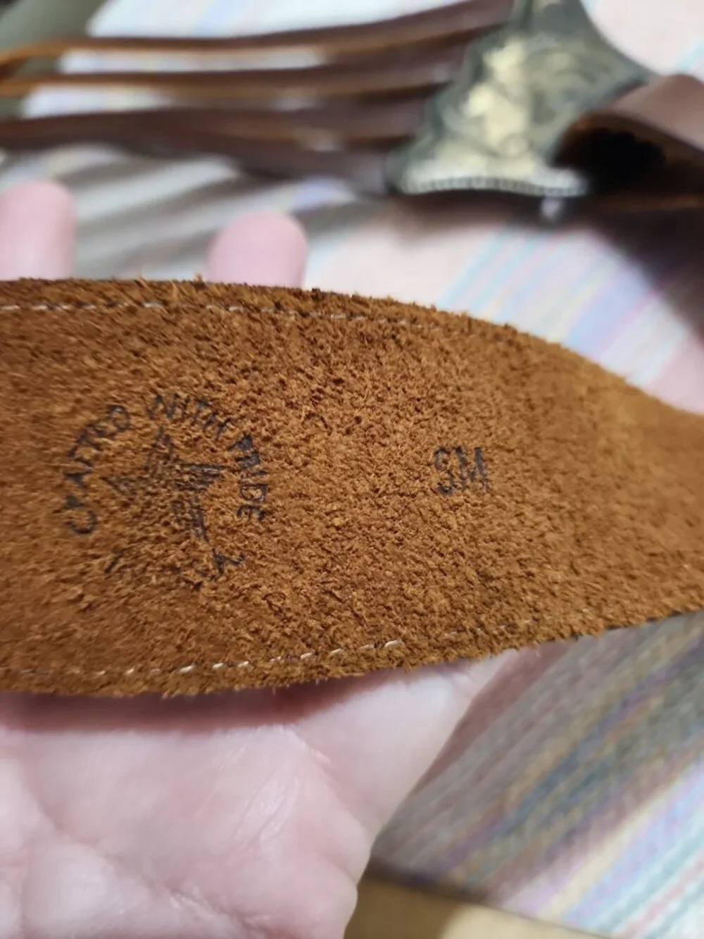 Vintage Leather Belt Etched Filigree Asymmetrical Buckle BOSTON 1987 USA Rare